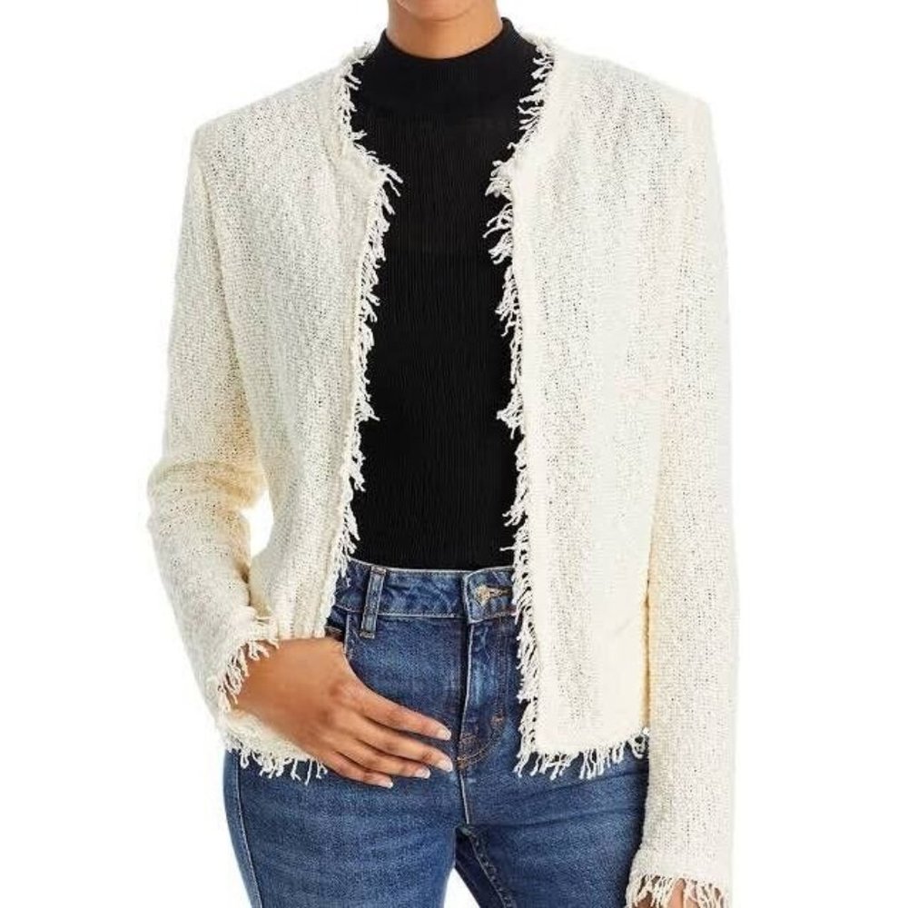 IRO Shavani Fringe Trimmed White Boucle Knit Open Front Jacket Women’s Size 36